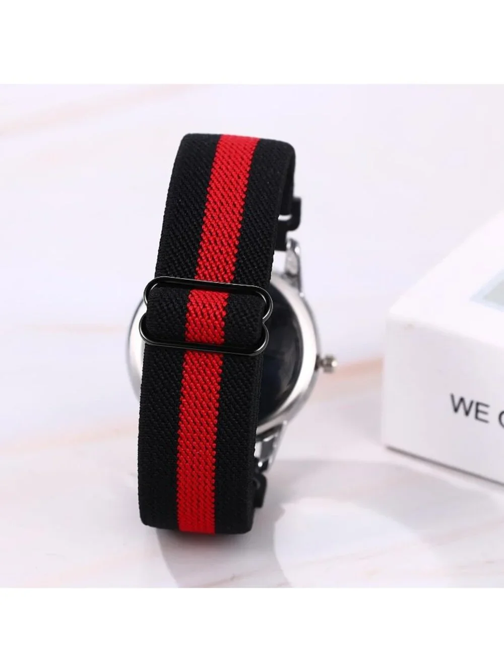 Women's White Red Quartz Analog Nylon Strap Elastic Band Date Wrist Watches